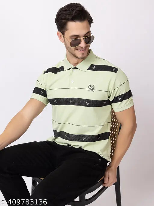 Regular fit striped cotton polo T-shirt, short sleeves with printed pattern, ribbed collar, logo on chest, India origin