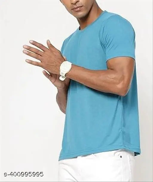 Cotton Blend SkyBlue T-Shirt, short sleeves, printed net design. Unisex, bio-wash pure cotton, round neck, wash with cold water and mild detergent. Size options: S (36in/25in), M (38in/25.5in), L (40in/26in), XL (42in/27in), XXL (44in/28in). Men's top wear, shirts-under 133, shirt fabric-314, plus size t-shirts-307, suitable for various occasions. Made in India