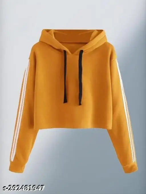 Yellow cotton long-sleeve hooded sweatshirt for women, cropped t-shirt style