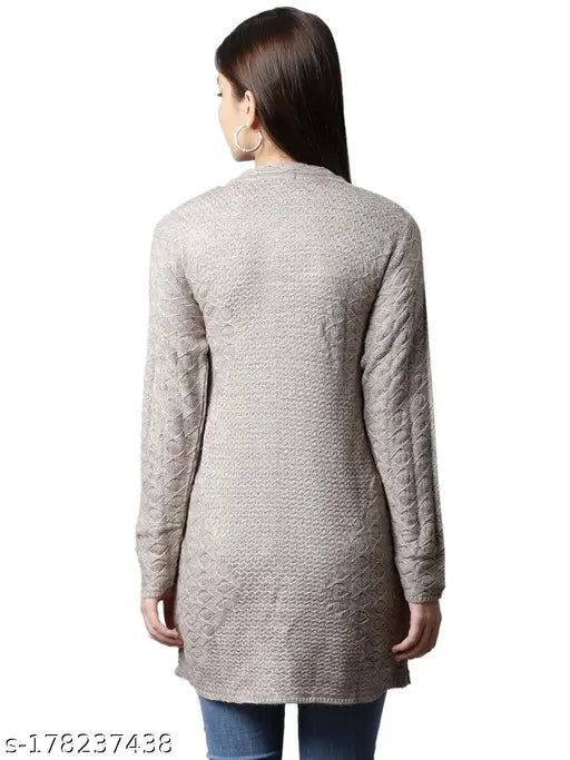 Beige acrylic embroidered net long sleeve sweater, Perfect Line Women's winter wear on model, India origin