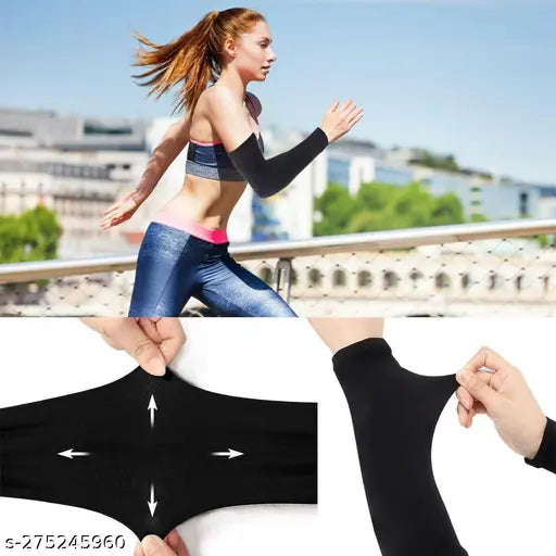 Black arm sleeves with cooling technology, thumb hole design, washable and stretchable, made for athletes and outdoor activities