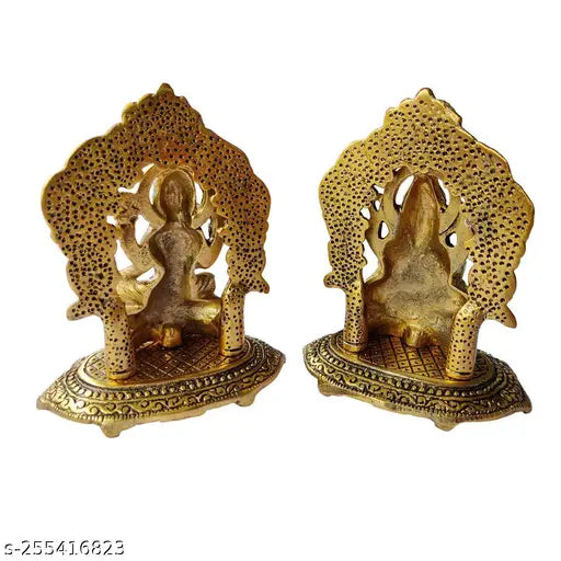 Gold-metal Lakshmi Ganesh set, traditional Indian home decor showpiece for temple or gift purpose, size 14.5cm (L) x 14.5cm (B), weight 360g
