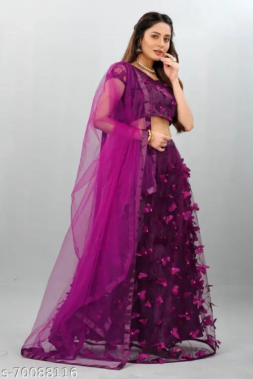 Purple net embroidered lehenga choli with quirky dupatta, featuring butterfly design on semi-stitched Indian traditional wear. Length: 42 inches/96 cm (Lehenga), 2.2 meters (Dupatta). Dry clean or hand wash