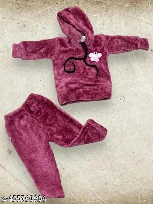Soft plush fleece baby hoodie & pant set, cozy winter outfit for kids in warm tones, ideal for daily wear or special outings. Features cute embroidered butterflies detail and adjustable drawstring on hoodie, plus elastic waistband for comfort. Suitable for babies & toddlers (ages 0-3). India origin Main image