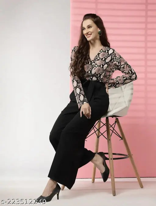 Fancy printed net Lycra jumpsuit for women and girls, available in XS-XXXL, on model displaying long sleeves