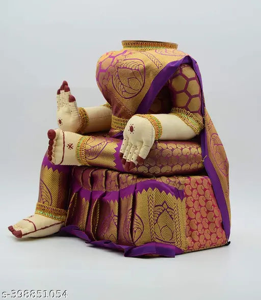 Gold-plated iOlet saree Varalakshmi idol, decorative metal figurine for Varamahalakshmi Pooja, 24.5cm x 17.5cm x 38.5cm