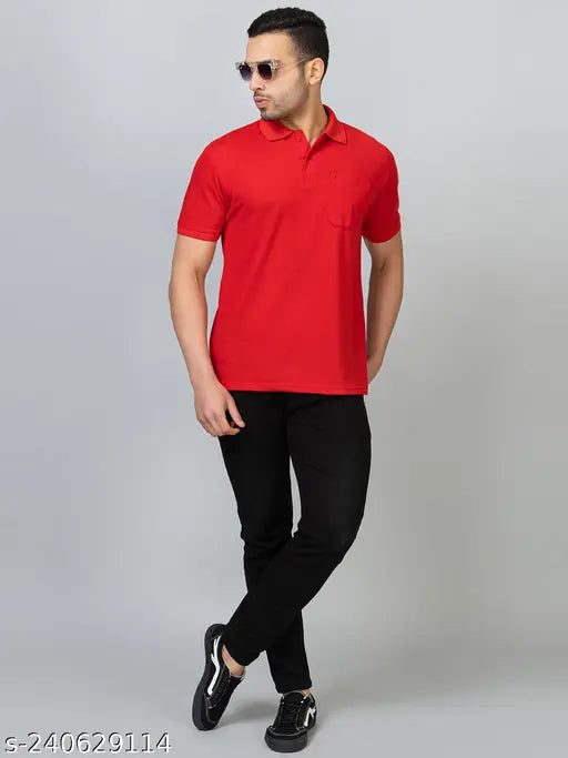 Red cotton blend men's polo t-shirt, advanced technology for breathability and odor resistance, ideal for sports. Regular fit, short sleeves with reflective logos. Made in India