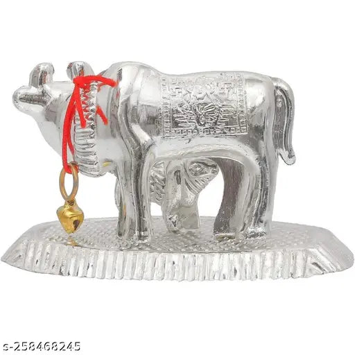 Metal Kamdhenu Cow with Calf statue, traditional Indian mythology figure (9cm x 5cm x 5.5cm)
