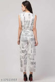 White newspaper print crepe jumpsuit, eco-friendly and anti-wrinkle, trendy fashion from 69 Fashion Street