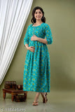 Aqua Blue Floral Printed Cotton A-Line Maternity Gown - Modern, Trendy, Comfortable
