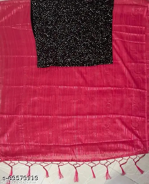 Pink saree with fringe ends