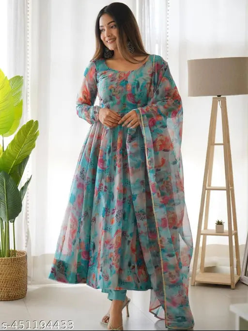 Organza digital printed Georgette gown & dupatta set (XXL). Breathable, trendy Indian attire for functions, festivals, parties