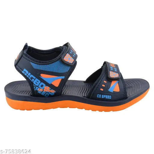 Navy kids sports sandal with orange accents, adjustable velcro straps