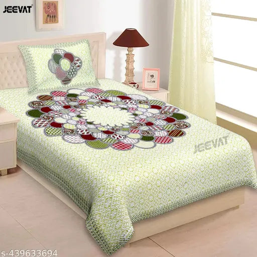 Jaipuri-printed cotton single bed sheet with pillow cover, 100% soft, breathable, and durable from JEEVAT, perfect for mild winter nights