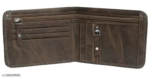 Brown faux leather Nem Woodsky wallet, features 2 compartments for essentials and a sleek, modern design