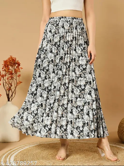 Floral printed crepe A-line skirt, timeless elegance for warm weather, size 26-38 (India)