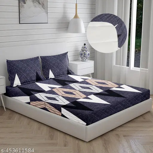 Glace Cotton double bed sheet (72x78 inches) with geometric design & 2 pillow covers, fits up to 6-inch mattress - Summer luxury for adult beds