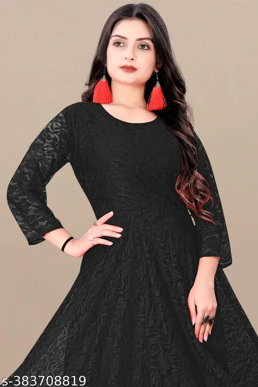 Black net fabric anarkali gown and kurta for women with detailed embroidery