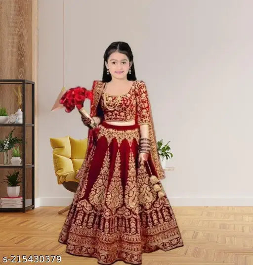 Velvet lehenga choli pack for kids, embroidered semi-stitched velvet set with short sleeves, 3-16 years sizes available, traditional Indian wear for functions and weddings