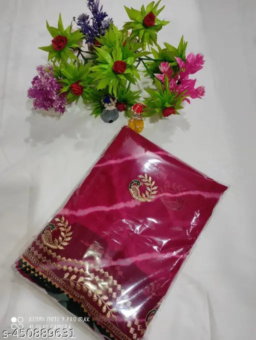 Embroidered Laheriya Georgette saree with Peacock work, Indian handloom in free size (5.5m length, 0.8m blouse)