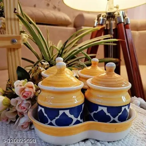 Yellow ceramic multipurpose storage jar set with lids, 500ml, containing four jars of 4 inches diameter