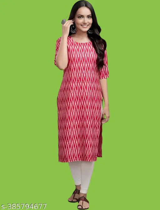 Baby Pink Crepe Chevron Pattern Kurti, stylish and casual, 42 inches length, knee-length, round neck, short sleeves