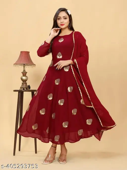Maroon silk long kurta with floral embroidery, 3 panel design