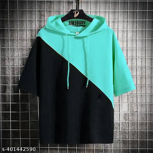 Art Silk, colorblocked men's half sleeves summer hoodie. Four sizes available: M, L, XL. Made in India