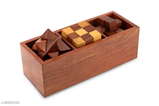 Handmade wooden 3D puzzles set - Soma Cube, Snake Cube, Interlock Block. Desk decor for kids aged 8-11 years. Indian sheesham wood storage tray included