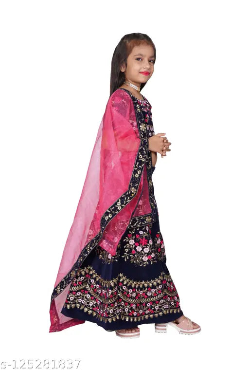Semi-stitched velvet lehenga choli, embroidered with sleeveless taffeta silk top and net dupatta for girls aged 5-11 years, Indian traditional wear