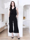 Viscose rayon black sleeveless jumpsuit with self-design net pattern, perfect for casual wear. Size M (36in bust, 54in length, 34in waist, 40in hip). Made in India
