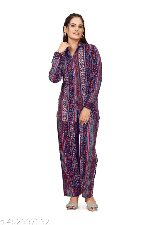 Crepe night suit set for women, printed print pyjamas in lounge wear style for comfortable sleep and relax at home - Made in India