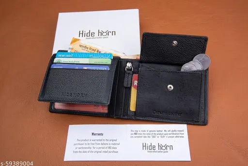 Hide Horn leather men's wallet, solid brown bi-fold design with RFID protection, features 3 card slots, zipper pockets, ID windows, coin pocket, and cash compartments. Made in India