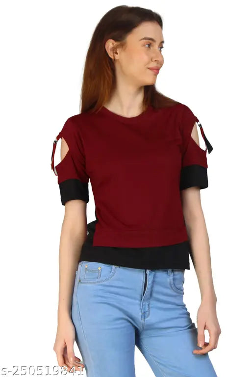 Maroon cotton solid short sleeve oversized loose hip hop t-shirt for women, girls - trendy urban chic style, India