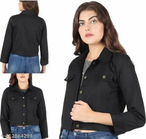 Denim three-quarter sleeve women's waistcoat jacket - Comfy latest style, solid net pattern, size S-XL from India