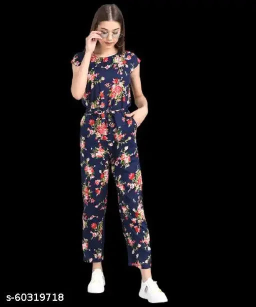 Blue crepe-sleeve printed net jumpsuit for women and girls, comfortable fit on model
