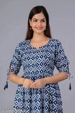 Blue geometric print dress with frill sleeves, V-neck