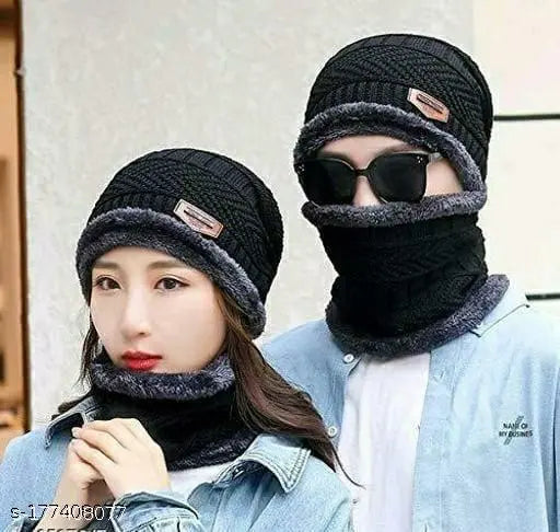Woolen cap-with-face-cover balaclava set for winter protection, stylish worm design, onesize combo for men and women