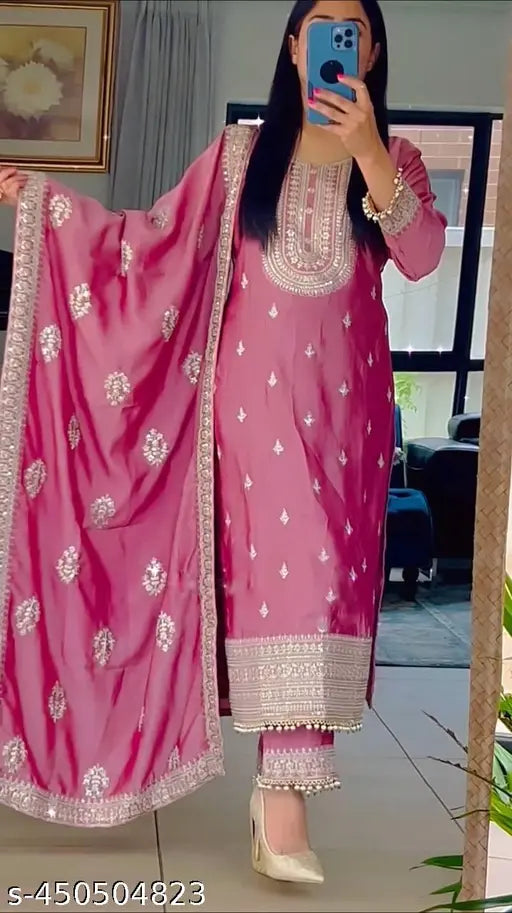Pink georgette sari with heavy embroidery set, fully stitched for wedding wear