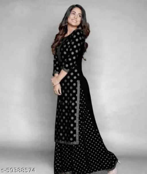 Printed rayon slub kurti set with palazzo, three-quarter sleeves, Indian fashion on model