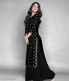 Printed rayon slub kurti set with palazzo, three-quarter sleeves, Indian fashion on model