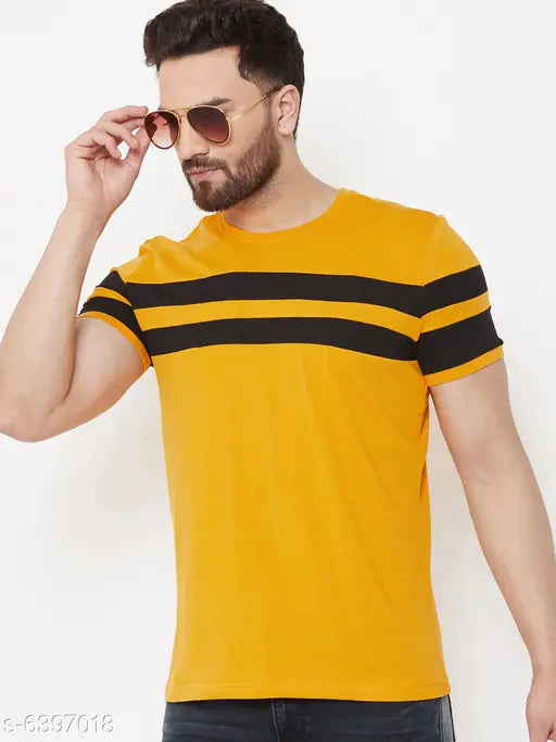 Yellow colorblocked cotton t-shirt for men by AUSK, short sleeves