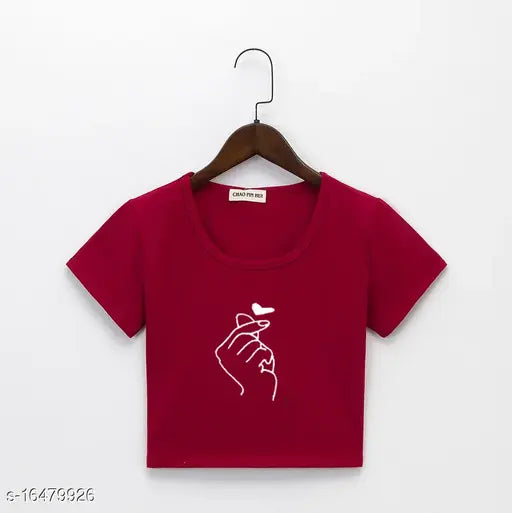 Classic modern women's cotton blend t-shirt with printed design. Short sleeves and available in S, M, L, XL. Made in India