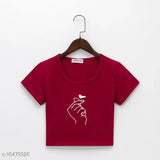 Classic modern women's cotton blend t-shirt with printed design. Short sleeves and available in S, M, L, XL. Made in India