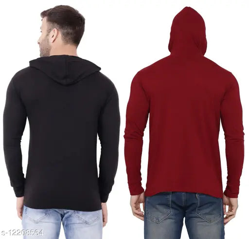Black cotton blend hooded t-shirts pack for men, featuring solid design, short sleeves, and options in S, M, L, XL sizes from India