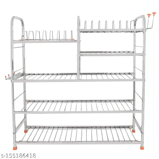 Stainless steel five-shelf modular kitchen stand with cutlery and plate rack, wall mountable
