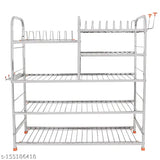 Stainless steel five-shelf modular kitchen stand with cutlery and plate rack, wall mountable
