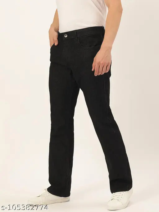 Cotton blend Boot cut jeans for men, stretchable, solid color, made by IVOC. Five-pocket design with belt loops, perfect fit for sizes 28, 34, and 36. Indian origin