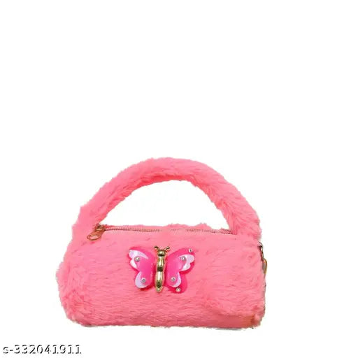 Pink fur sling bag with butterfly closure