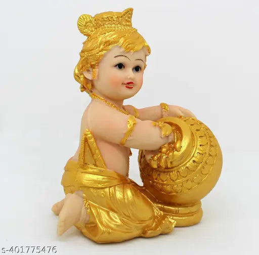 Gold plated Krishna idol figurine, 11cm L x 14cm H x 6.5cm B, Indian handcrafted home decor